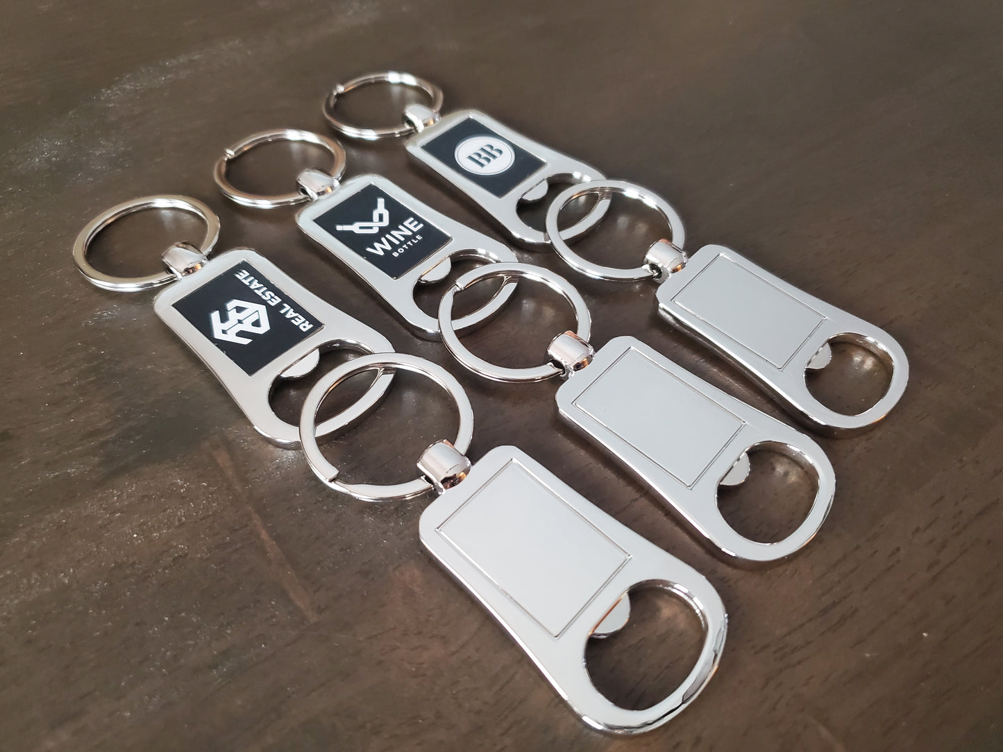 Custom Logo Etched Black and Metal Bottle Opener Keychain