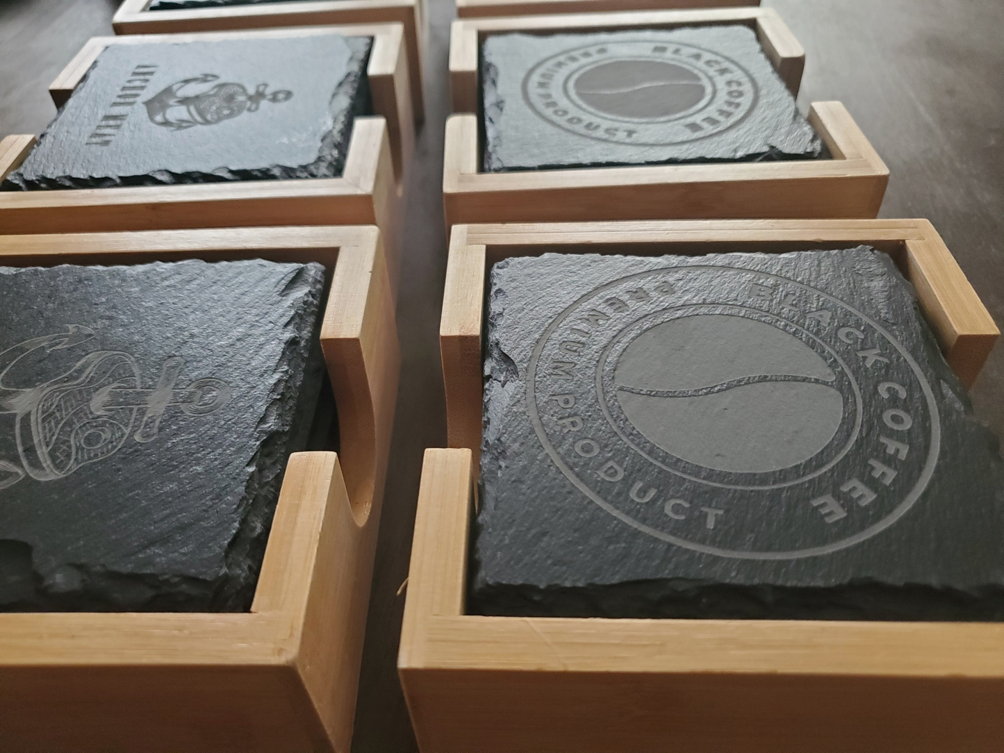 Set of 4 Custom Logo Engraved Slate Coasters with Bamboo Coaster Holder