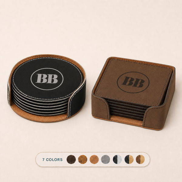 Set of 6 Custom Logo Engraved / Etched Leatherette Coasters with Leatherette Coaster Holder
