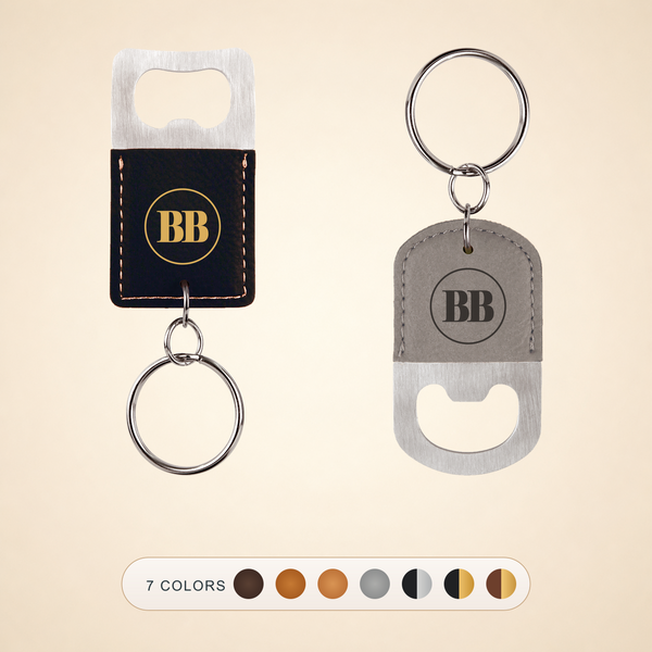 Custom Logo Engraved / Etched Leatherette and Metal Keychain Bottle Opener