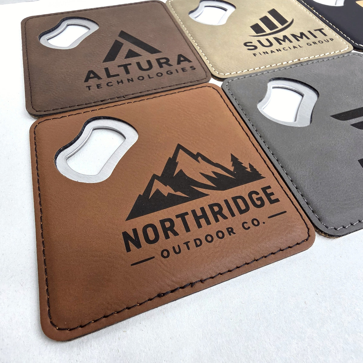 Rawhide leatherette coaster bottle openers engraved with custom business logos