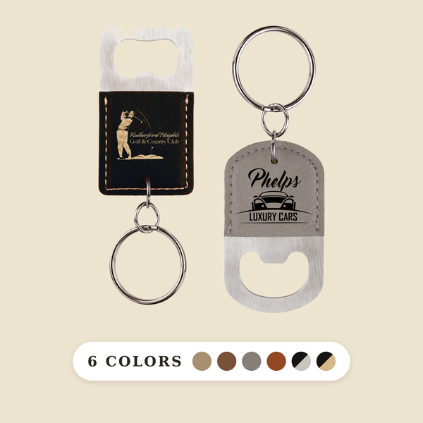 Custom Logo Engraved / Etched Leatherette and Metal Keychain Bottle Opener