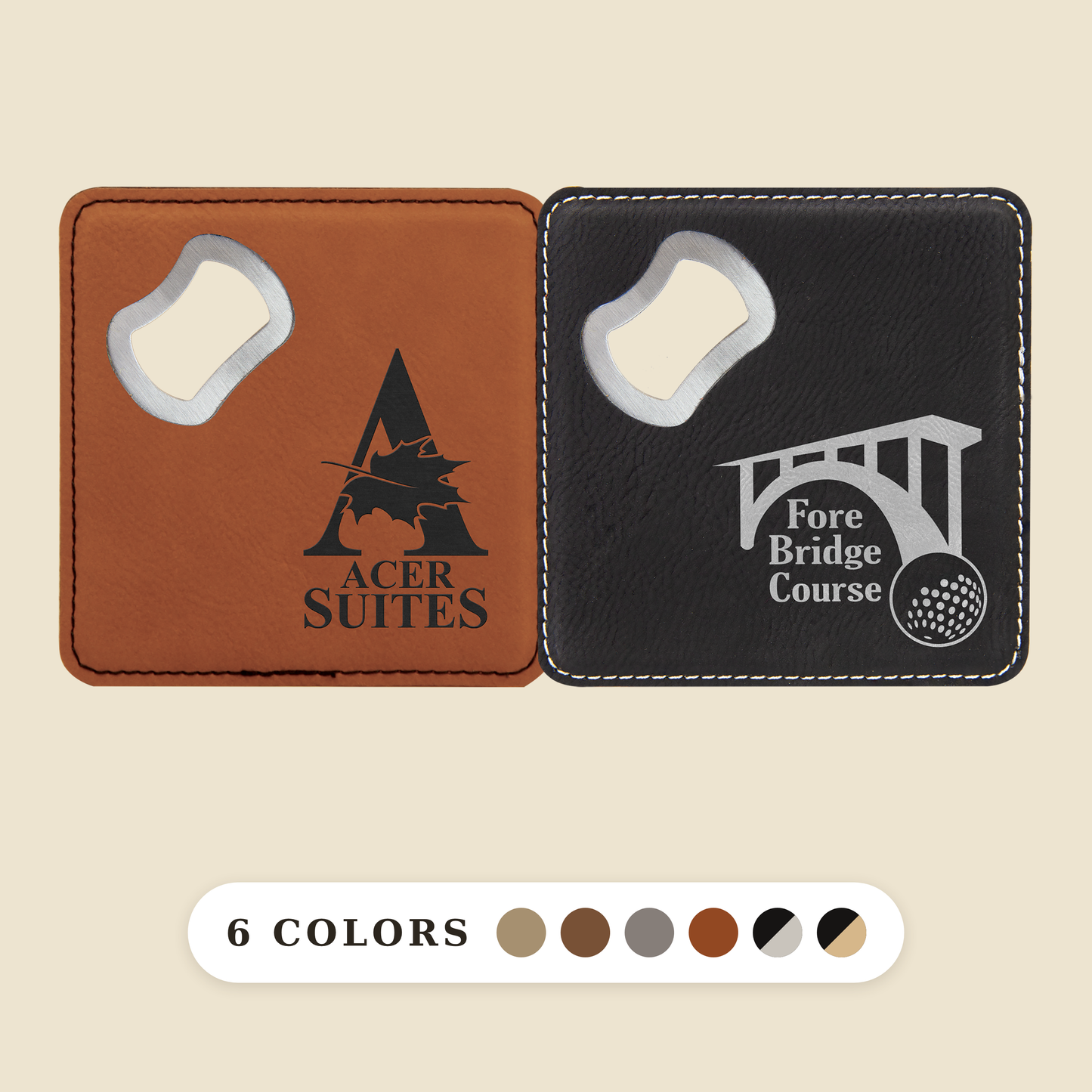 Custom Logo Engraved / Etched Leatherette Coaster Bottle Opener