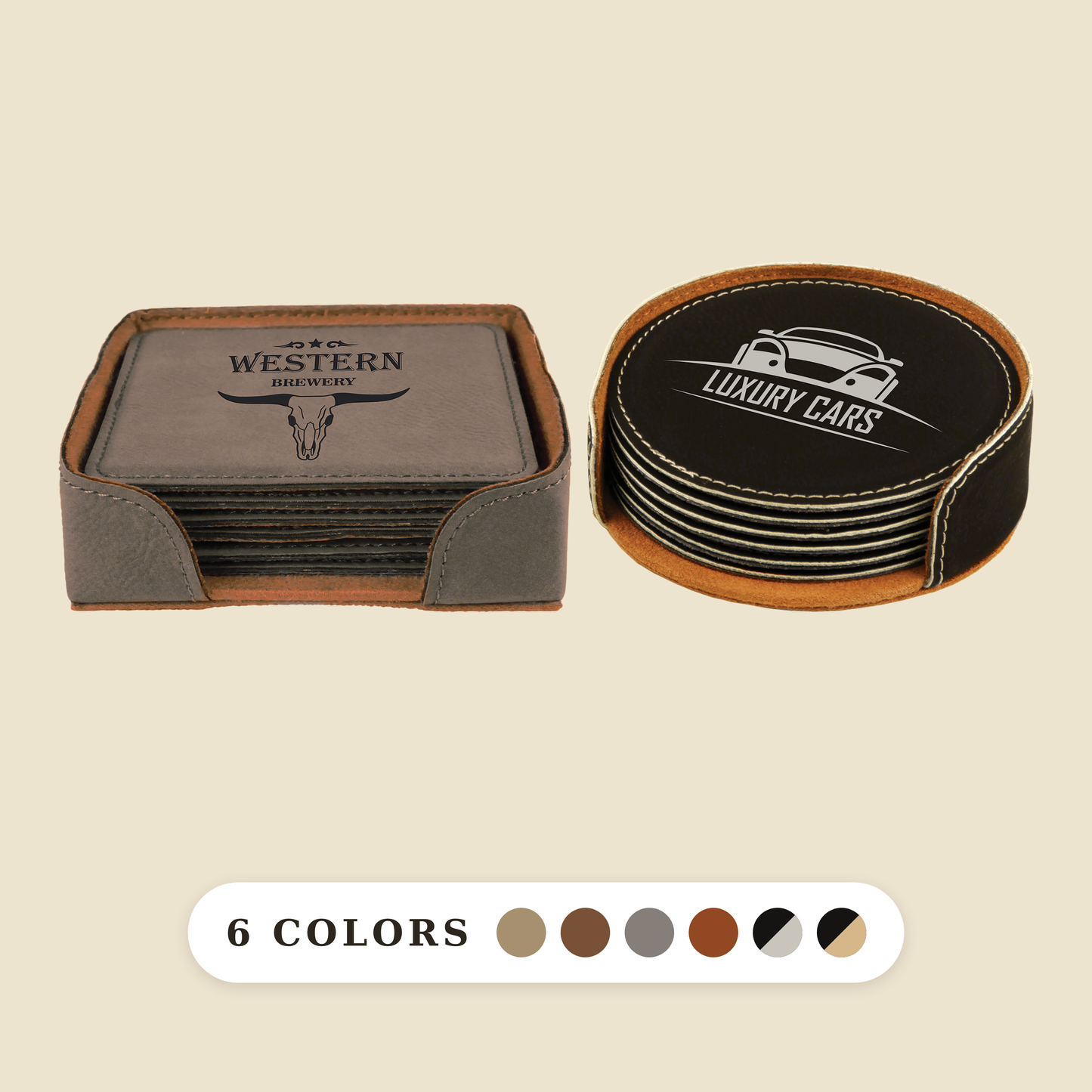 Set of 6 Custom Logo Engraved / Etched Leatherette Coasters with Leatherette Coaster Holder