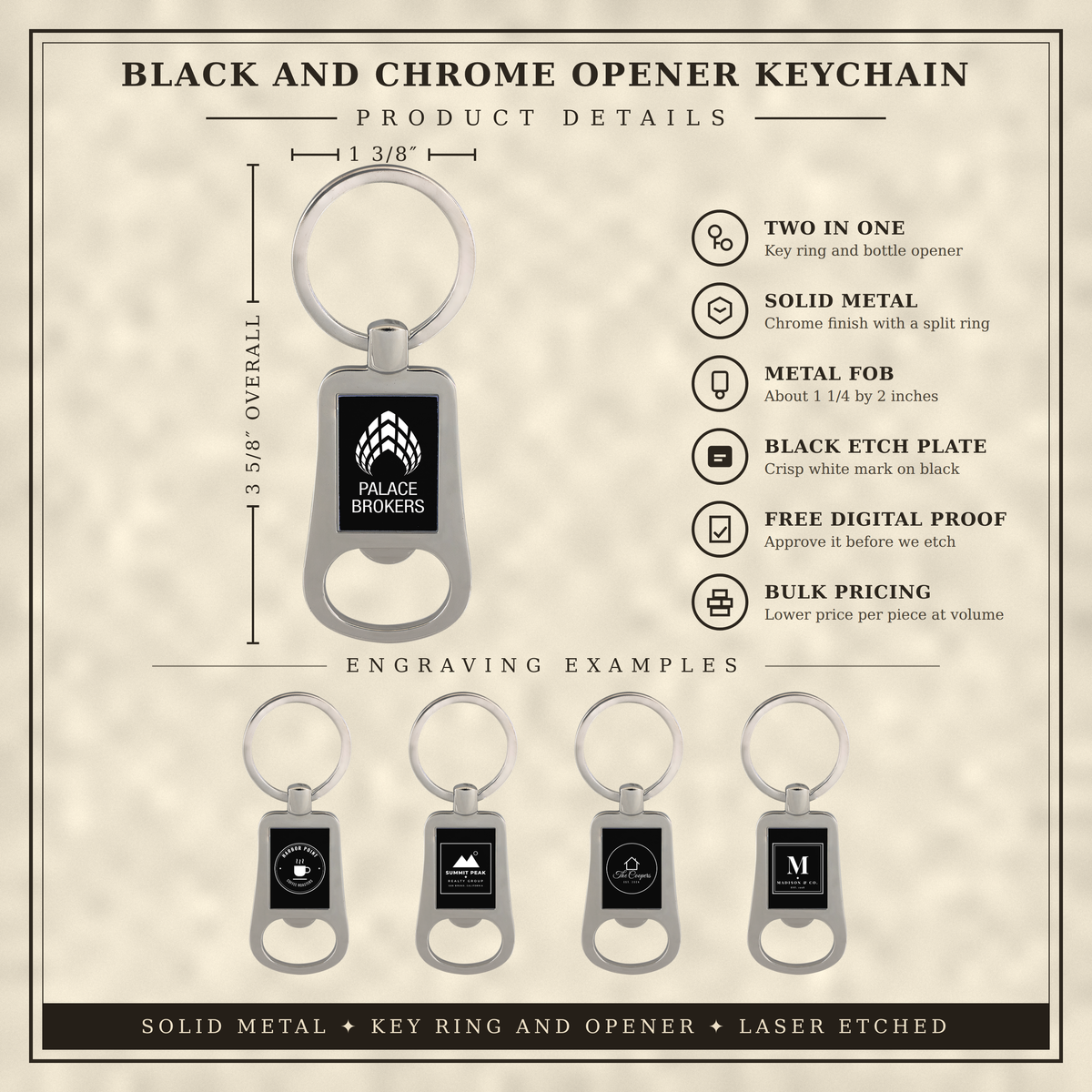 Custom Logo Etched Black and Metal Bottle Opener Keychain