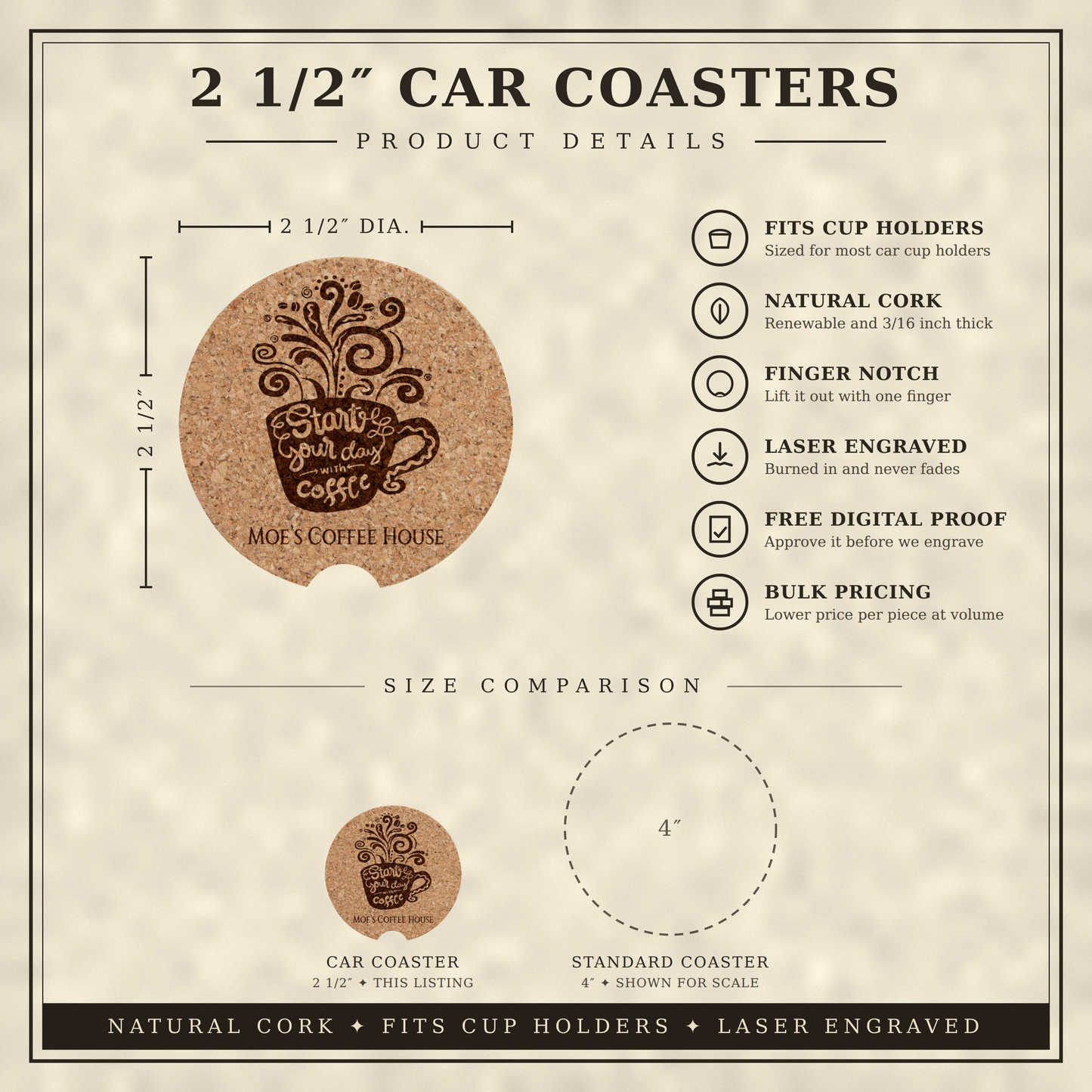 Custom Logo Engraved Cork Car Cup Holder Coasters