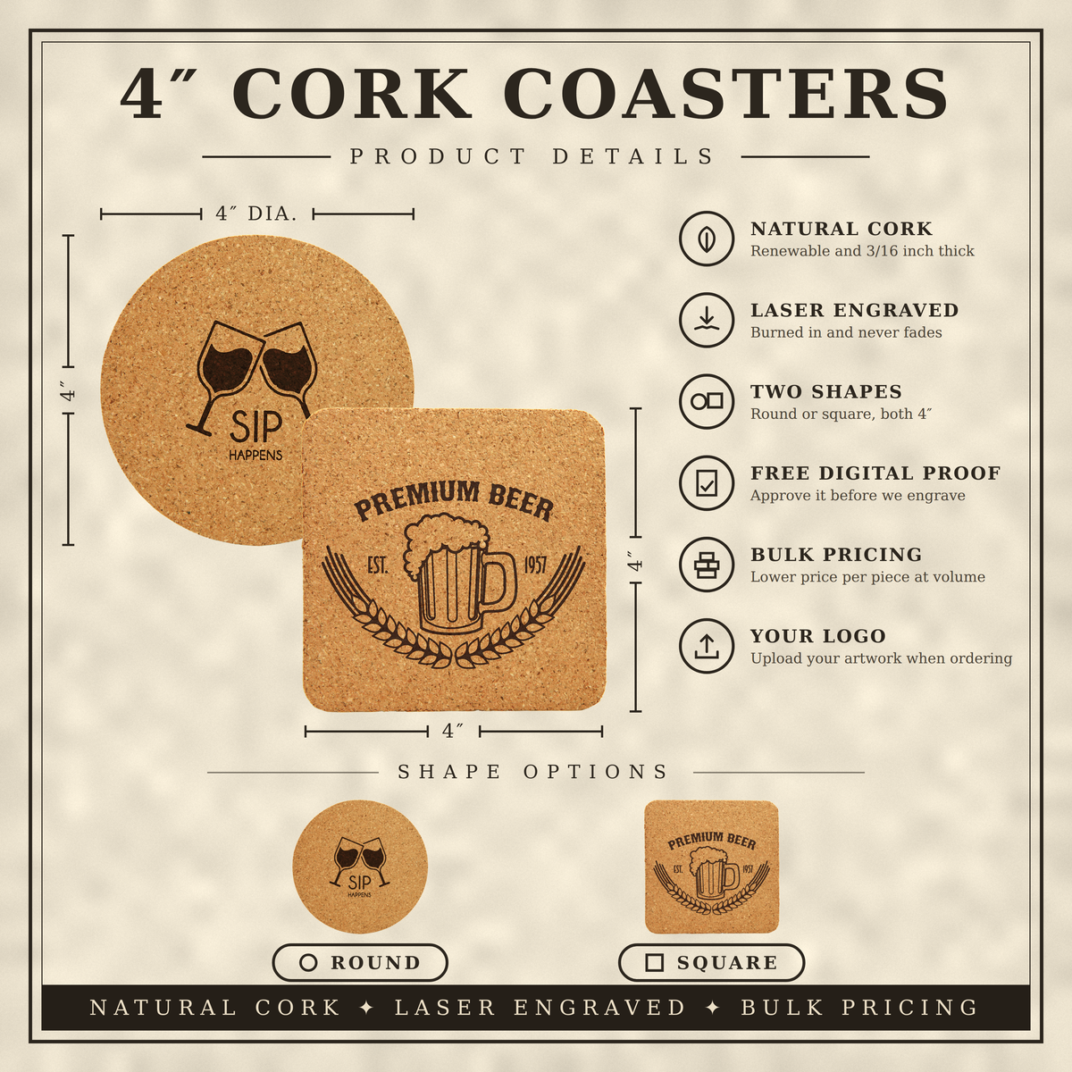 Custom Logo Engraved Cork Coaster