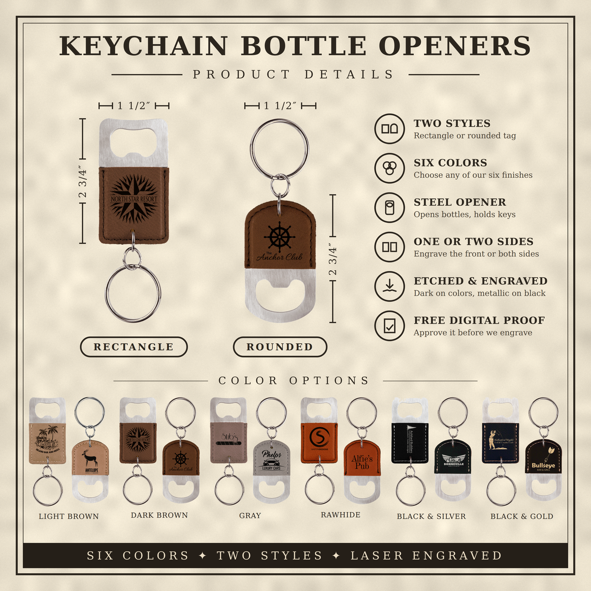 Custom Logo Engraved / Etched Leatherette and Metal Keychain Bottle Opener