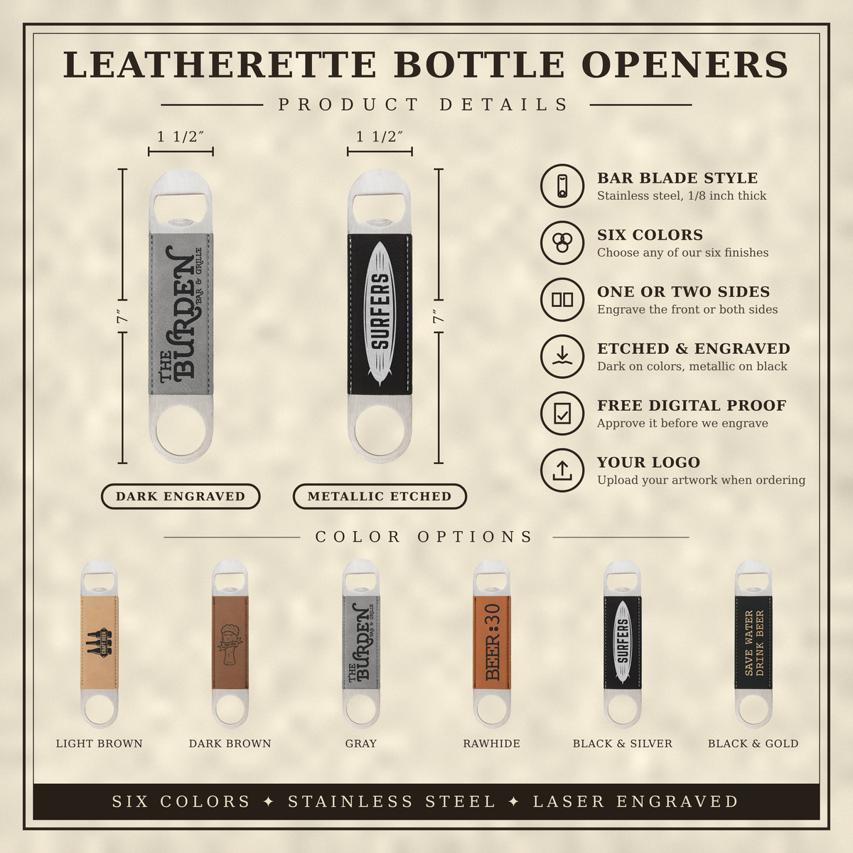Custom Logo Engraved / Etched Leatherette Bottle Opener
