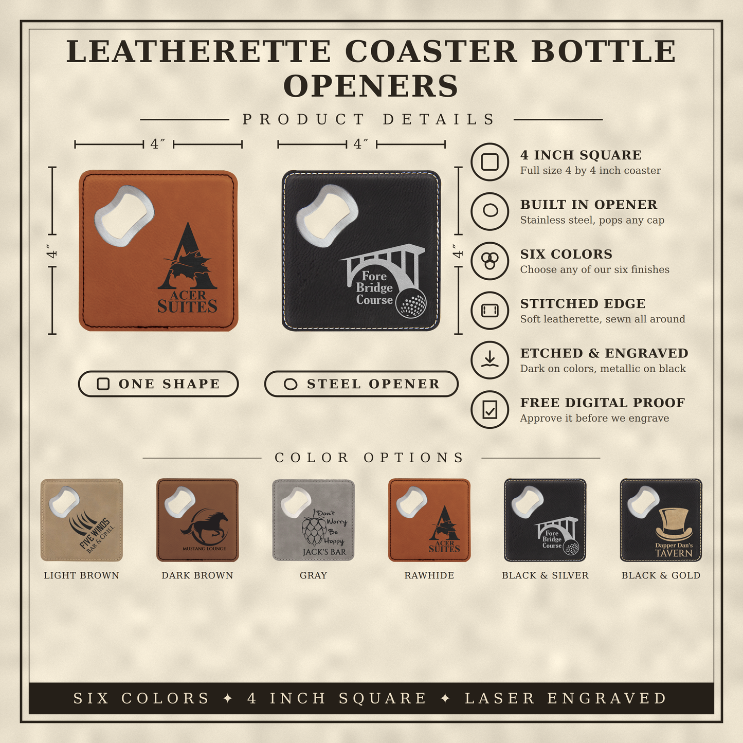 Custom Logo Engraved / Etched Leatherette Coaster Bottle Opener