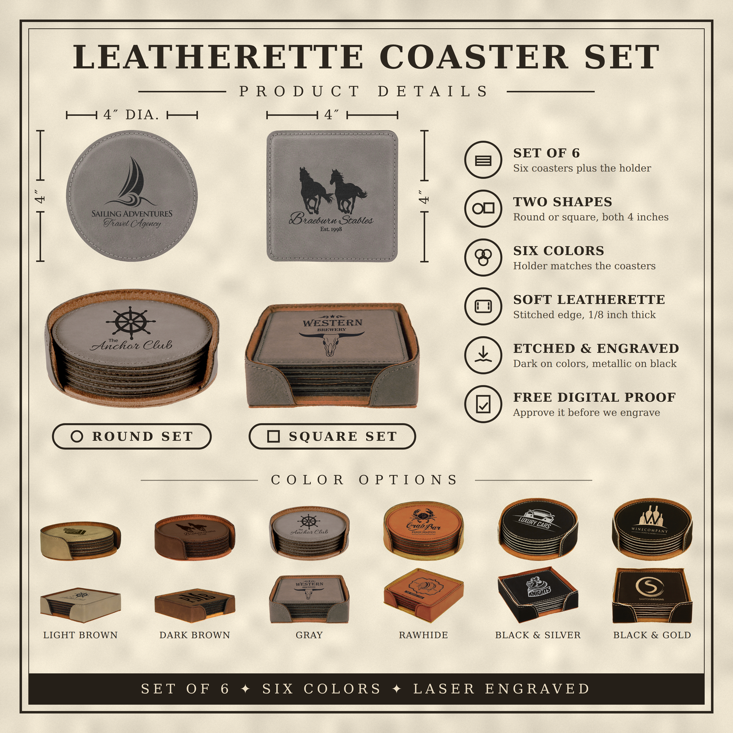 Set of 6 Custom Logo Engraved / Etched Leatherette Coasters with Leatherette Coaster Holder