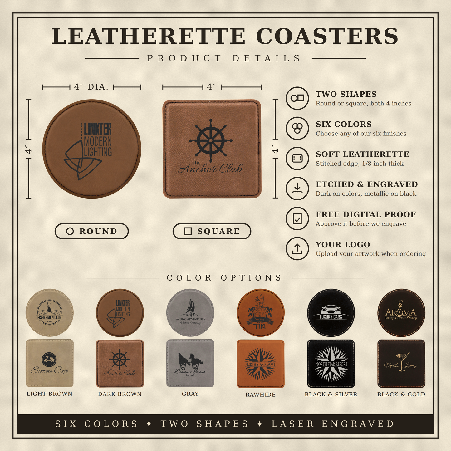 Custom Logo Engraved / Etched Leatherette Coaster