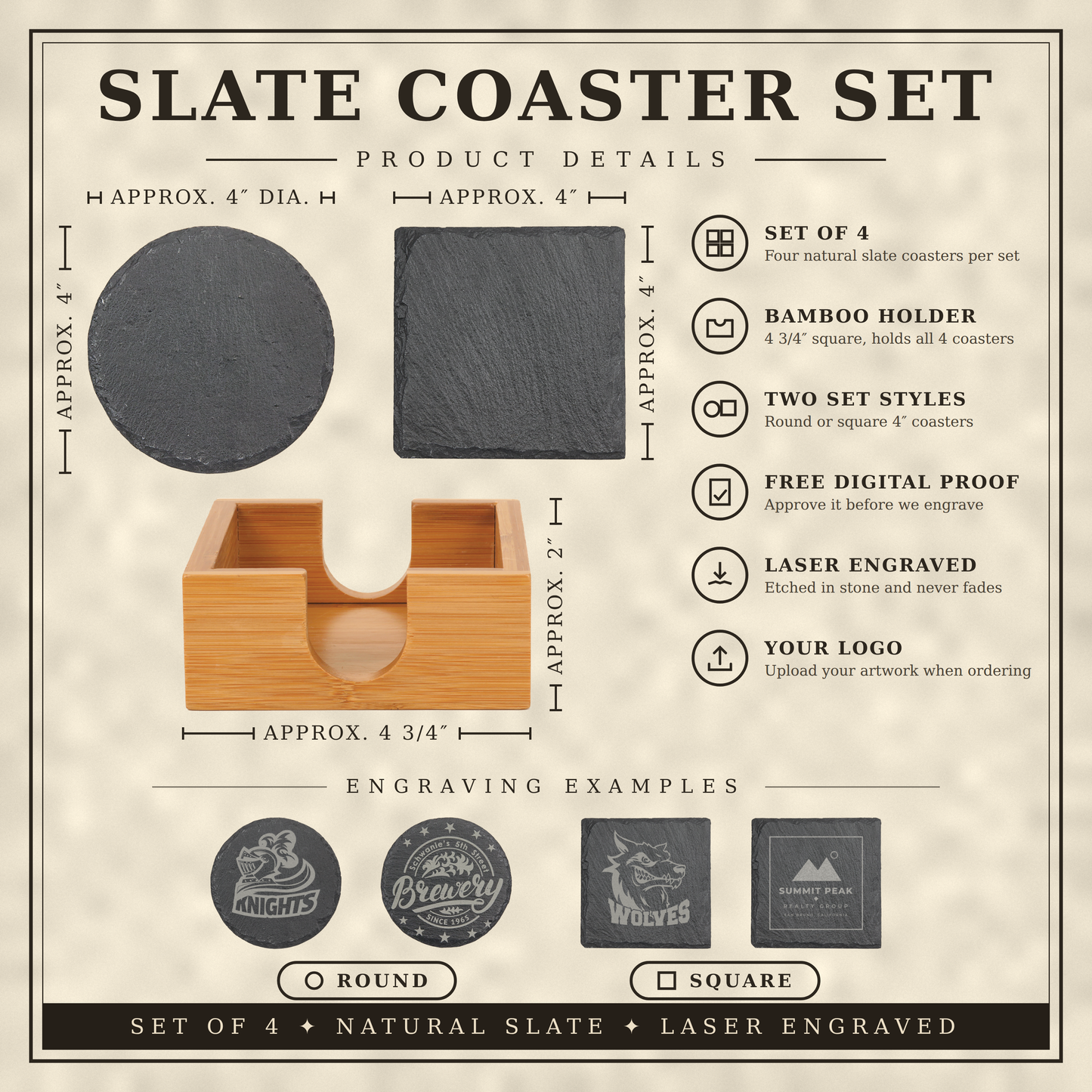 Set of 4 Custom Logo Engraved Slate Coasters with Bamboo Coaster Holder