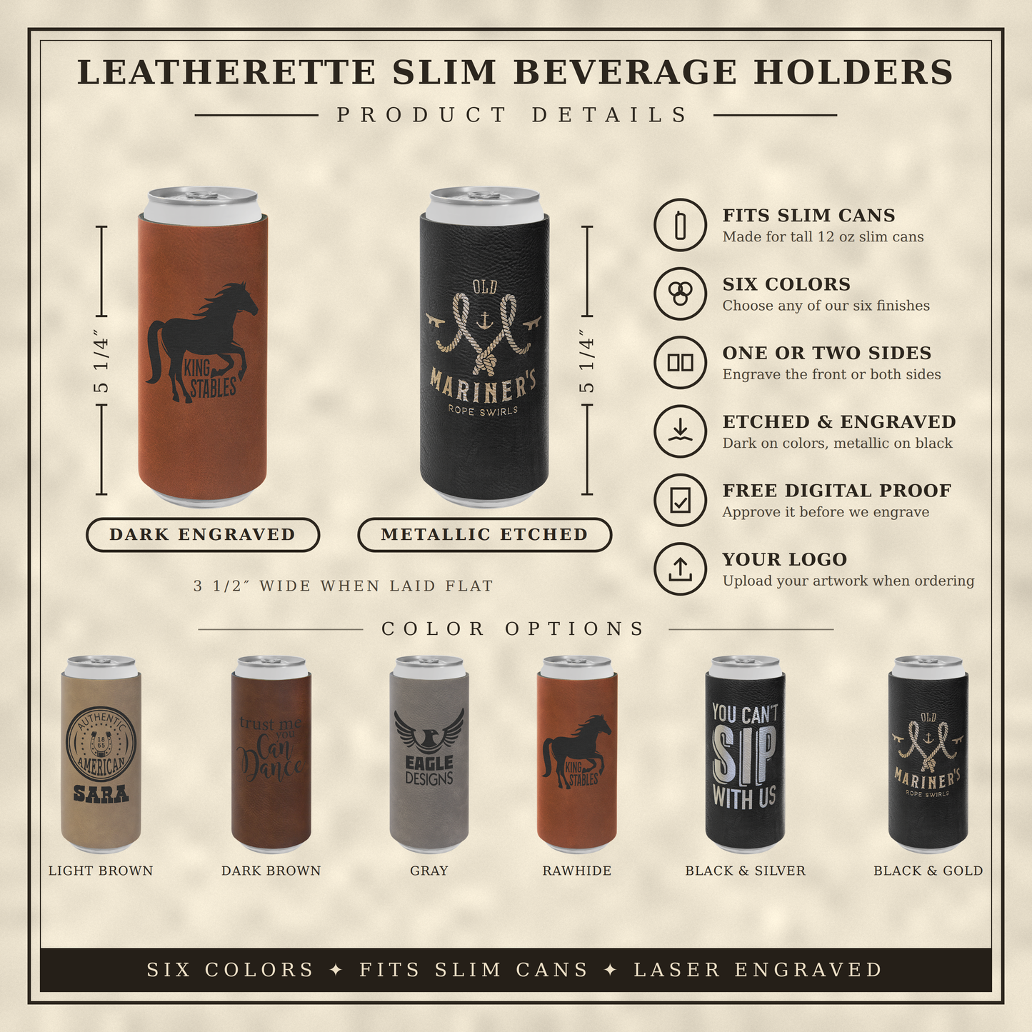 Custom Logo Engraved / Etched Leatherette Slim Beverage Holder