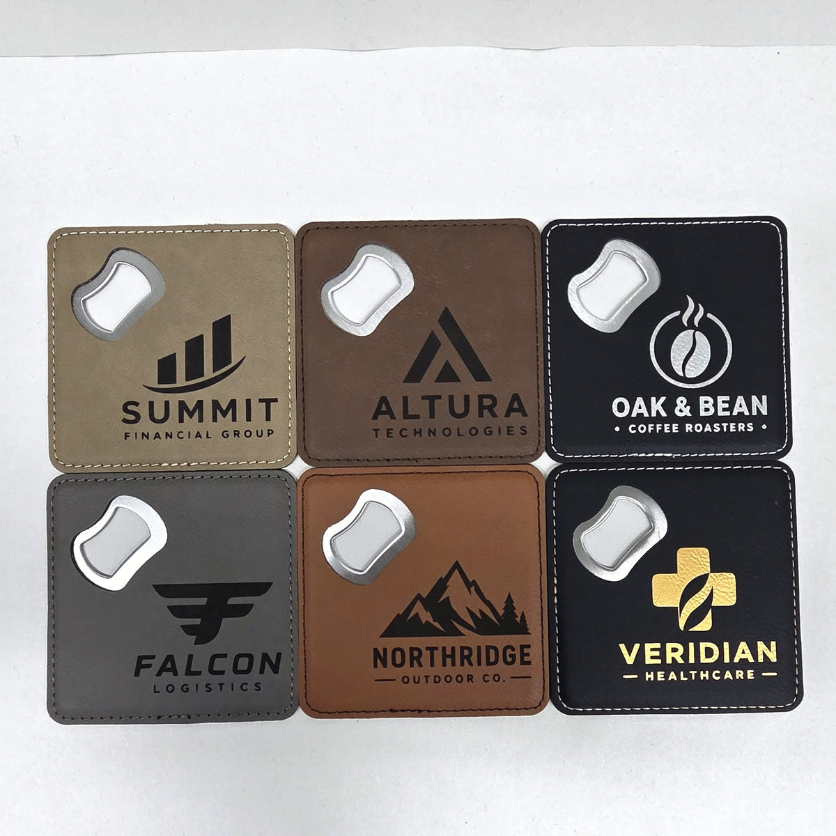Six leatherette coaster bottle opener colors with engraved custom logos