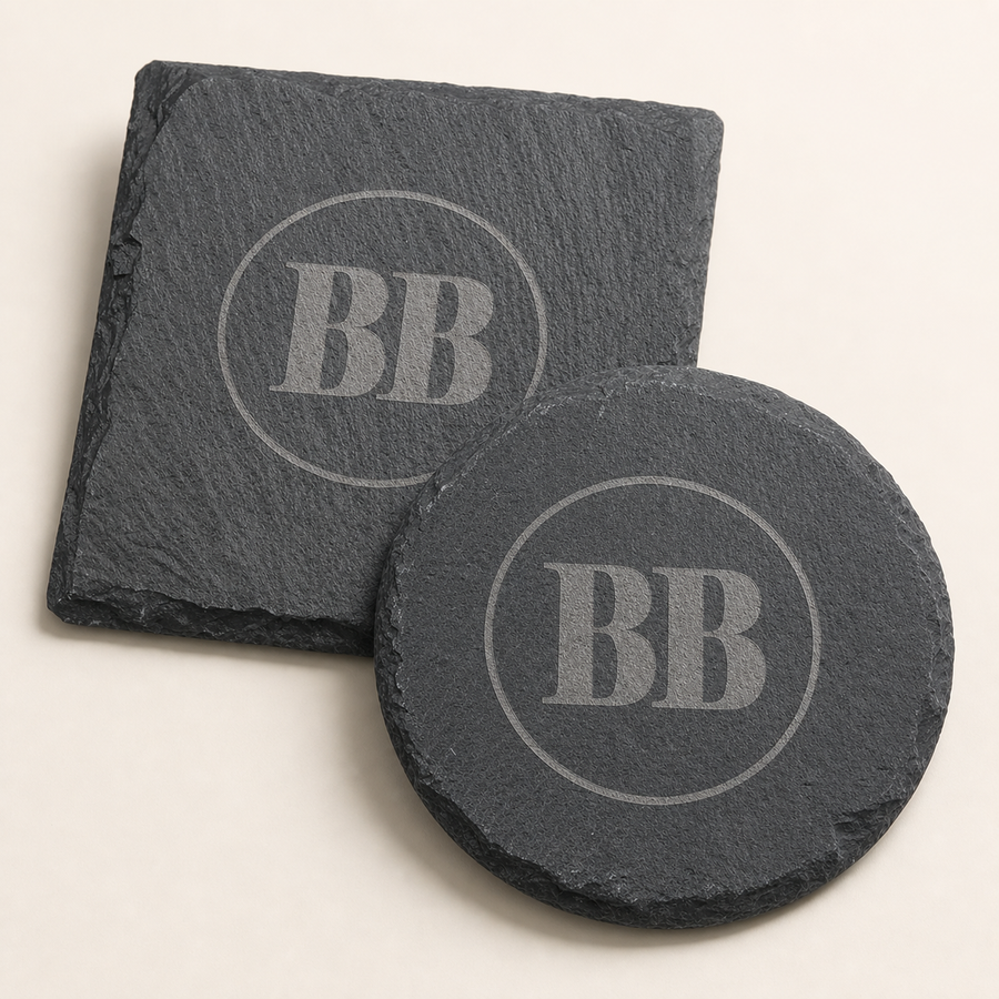 Custom logo engraved slate coasters made by BusinessBulk