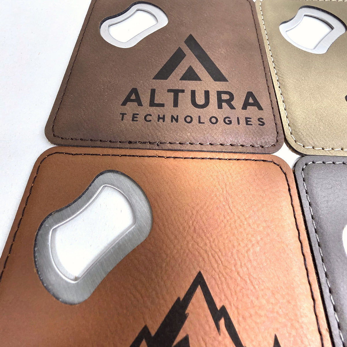 Close-up of leatherette texture, stitching, and bottle opener