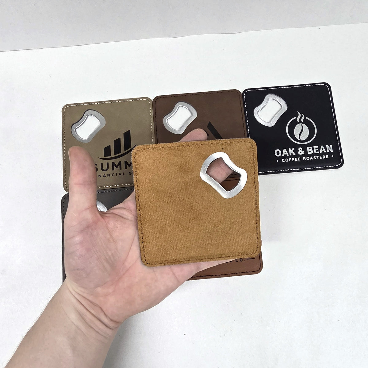 Reverse side of a leatherette coaster bottle opener