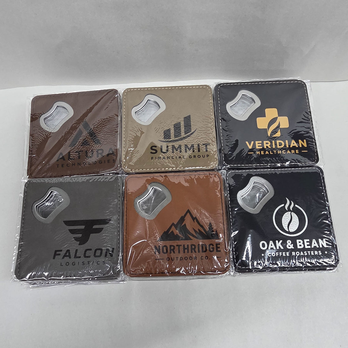 Leatherette coaster bottle openers individually bagged for bulk orders
