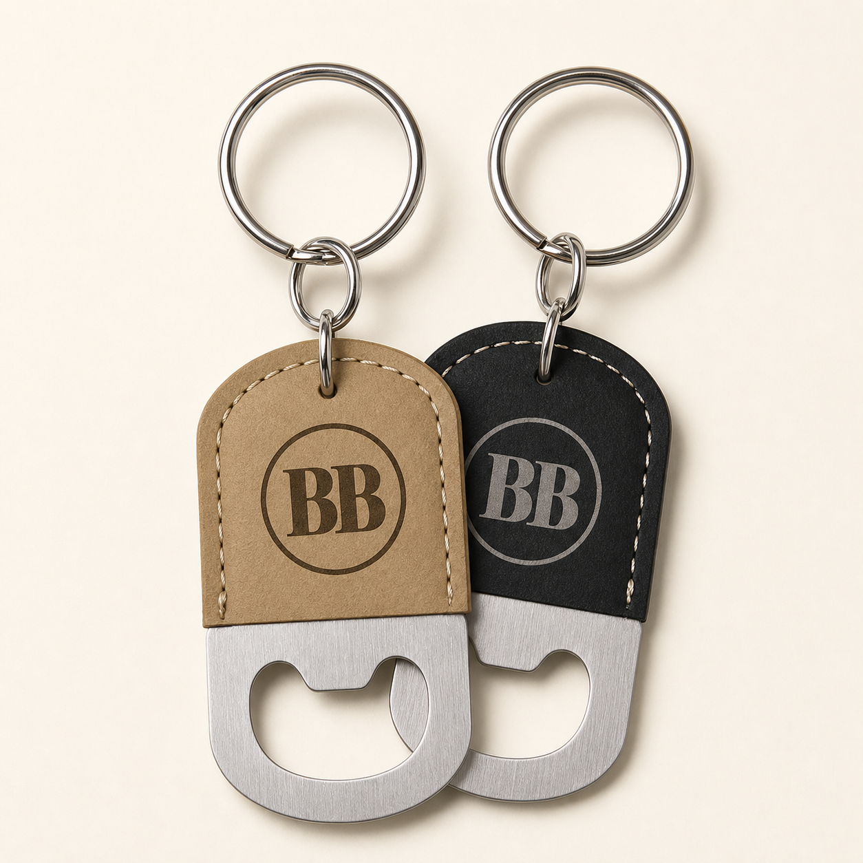 Custom Logo Engraved / Etched Leatherette and Metal Keychain Bottle Opener