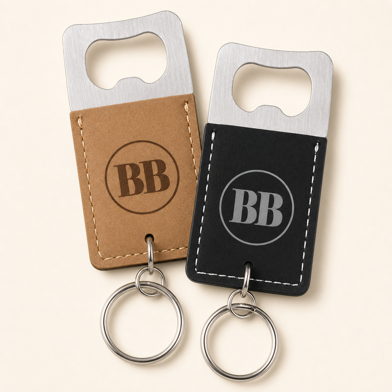 Custom Logo Engraved / Etched Leatherette and Metal Keychain Bottle Opener
