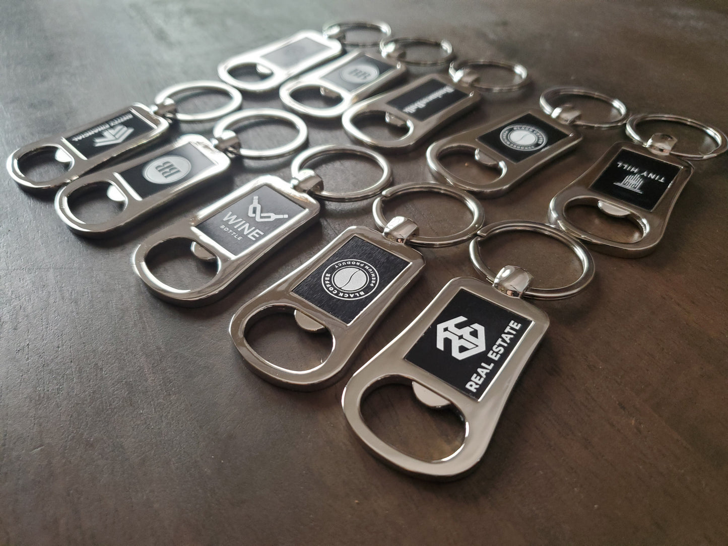 Custom Logo Etched Black and Metal Bottle Opener Keychain