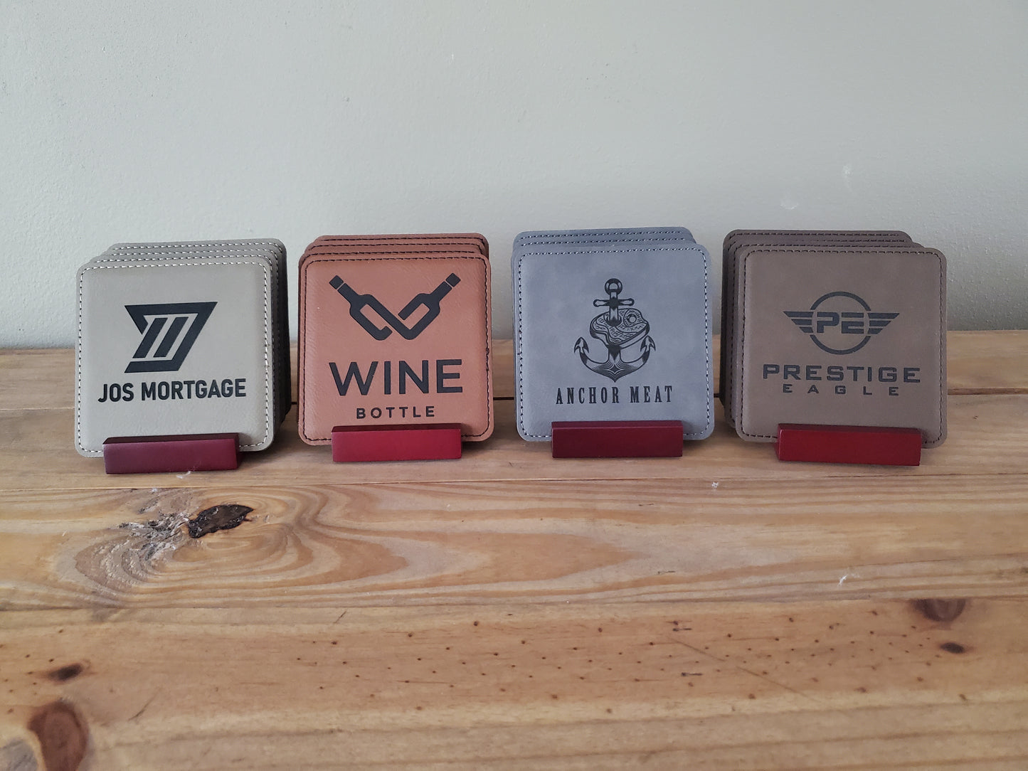 Set of 4 Custom Logo Engraved / Etched Leatherette Coasters with Rosewood Coaster Holder