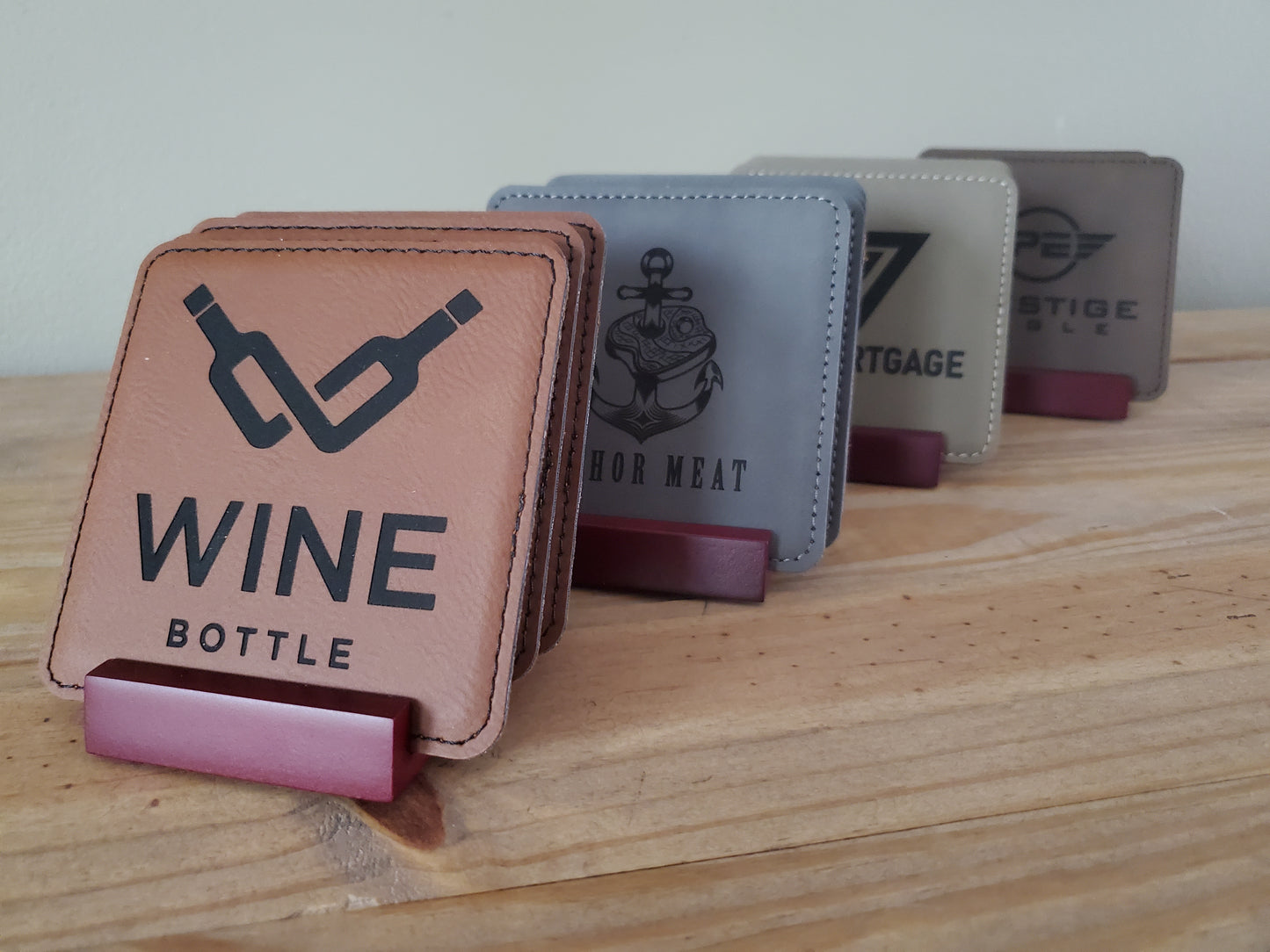 Set of 4 Custom Logo Engraved / Etched Leatherette Coasters with Rosewood Coaster Holder