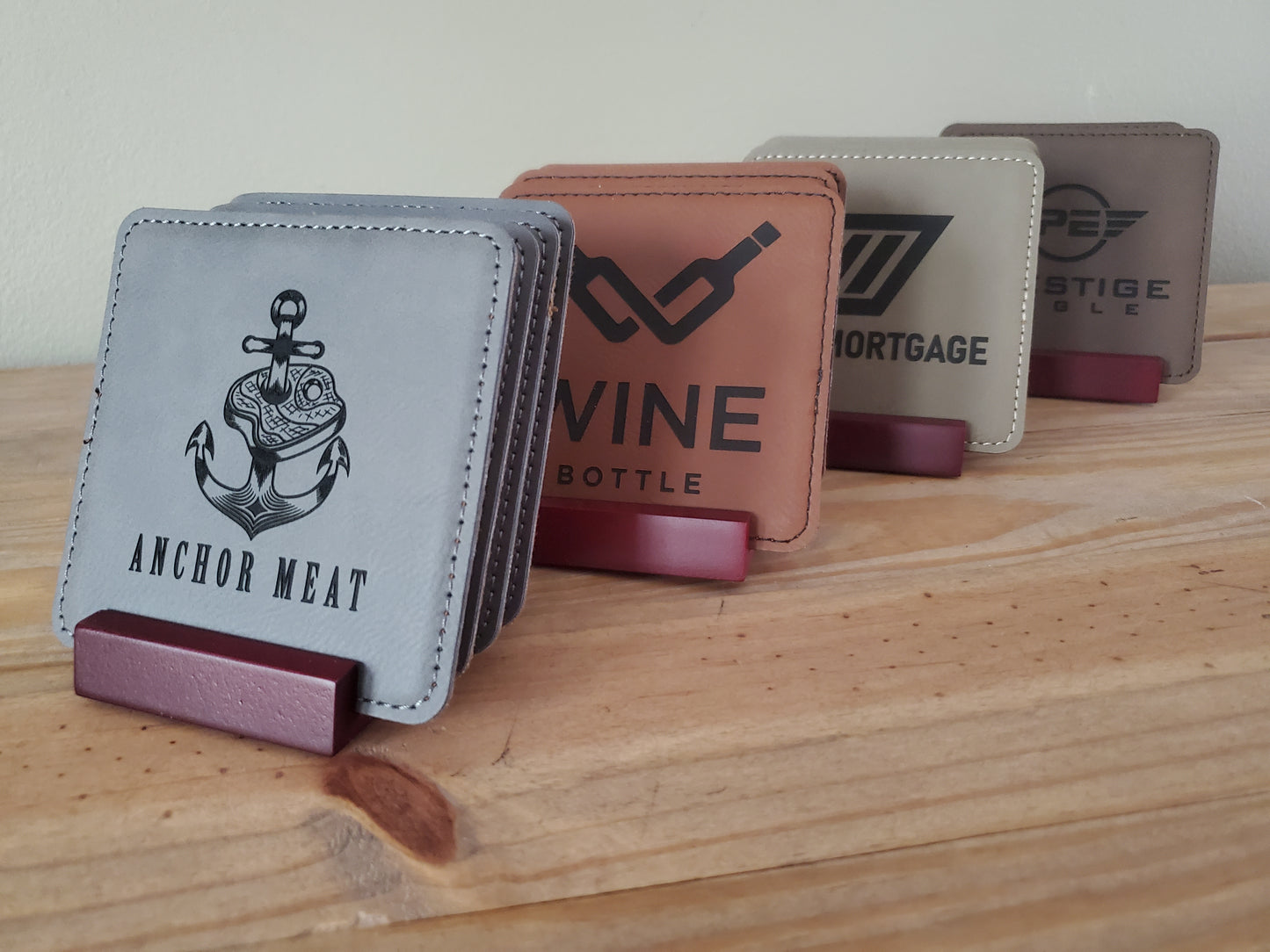 Set of 4 Custom Logo Engraved / Etched Leatherette Coasters with Rosewood Coaster Holder