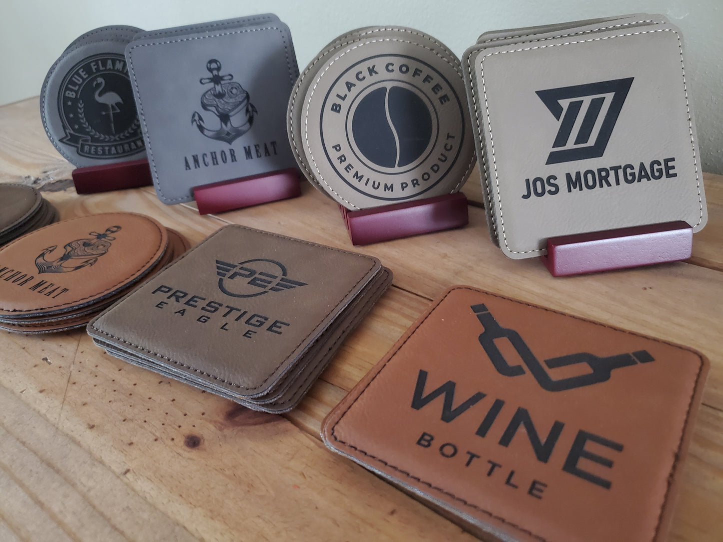 Set of 4 Custom Logo Engraved / Etched Leatherette Coasters with Rosewood Coaster Holder