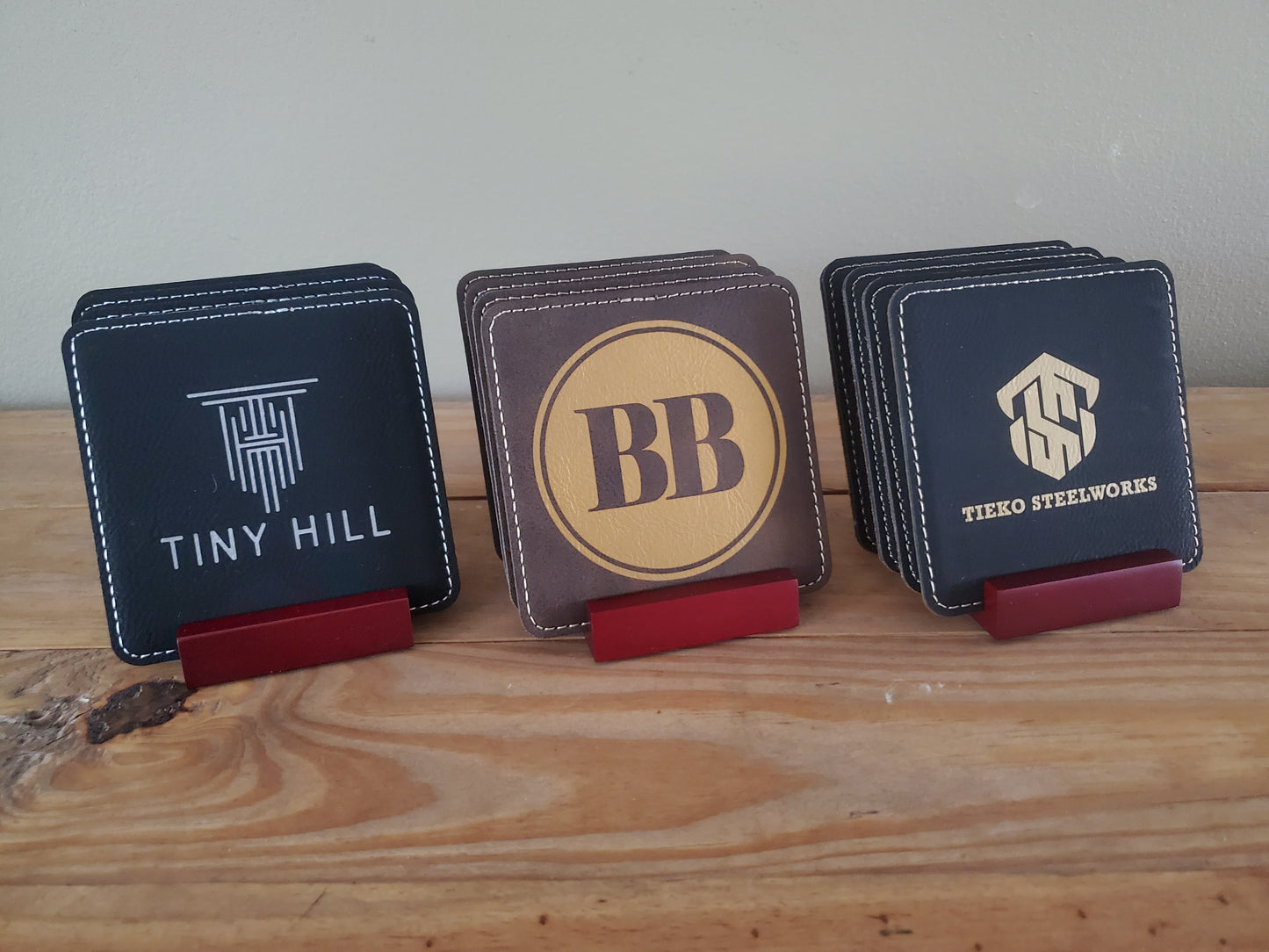 Set of 4 Custom Logo Engraved / Etched Leatherette Coasters with Rosewood Coaster Holder