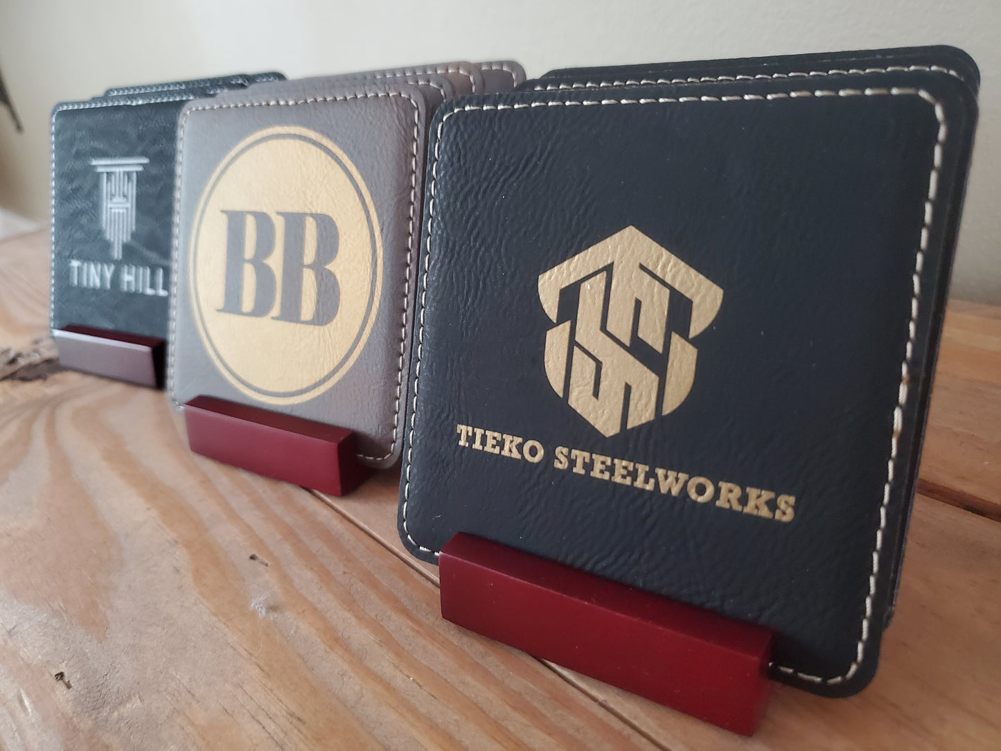 Set of 4 Custom Logo Engraved / Etched Leatherette Coasters with Rosewood Coaster Holder