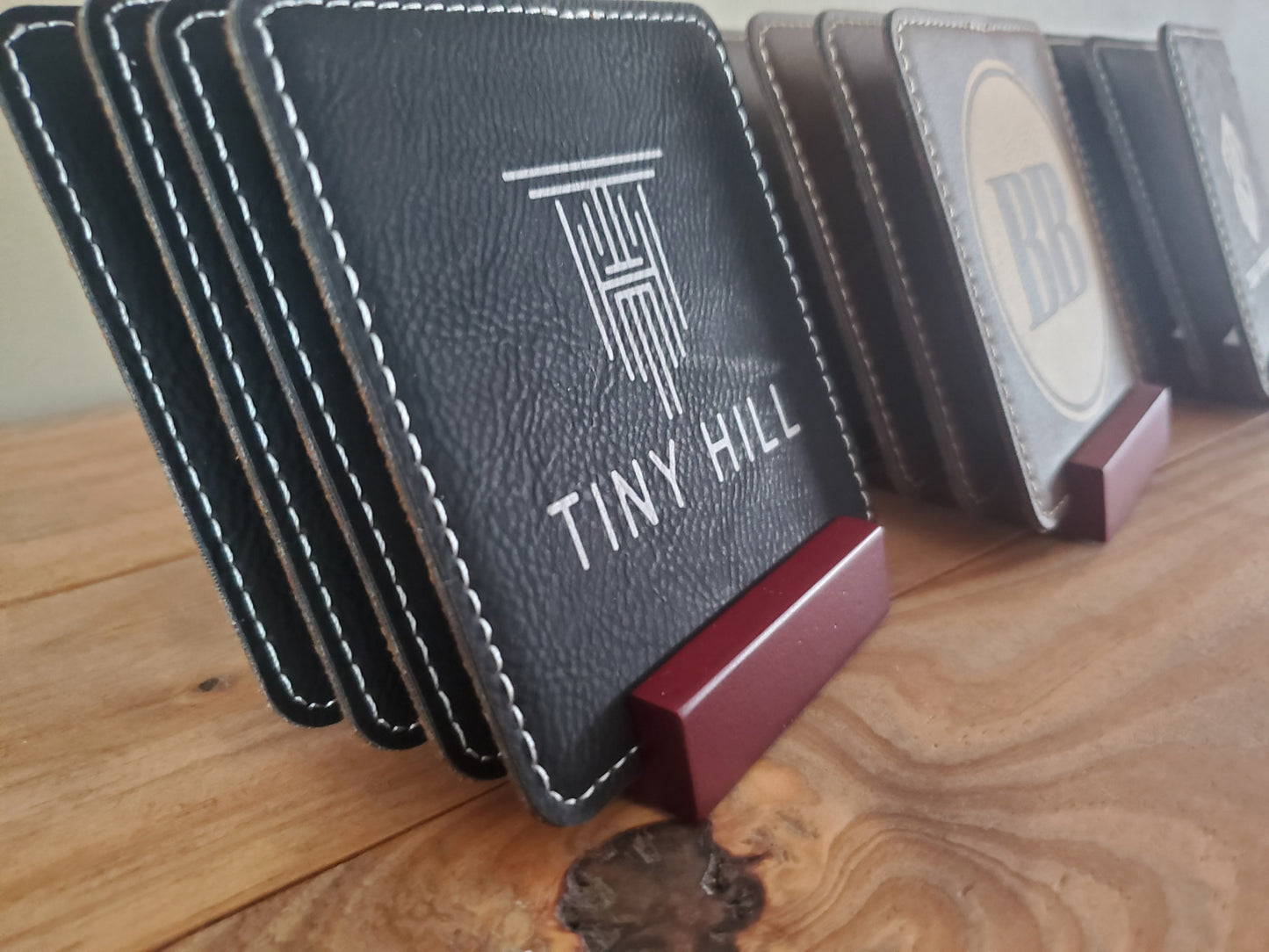 Set of 4 Custom Logo Engraved / Etched Leatherette Coasters with Rosewood Coaster Holder