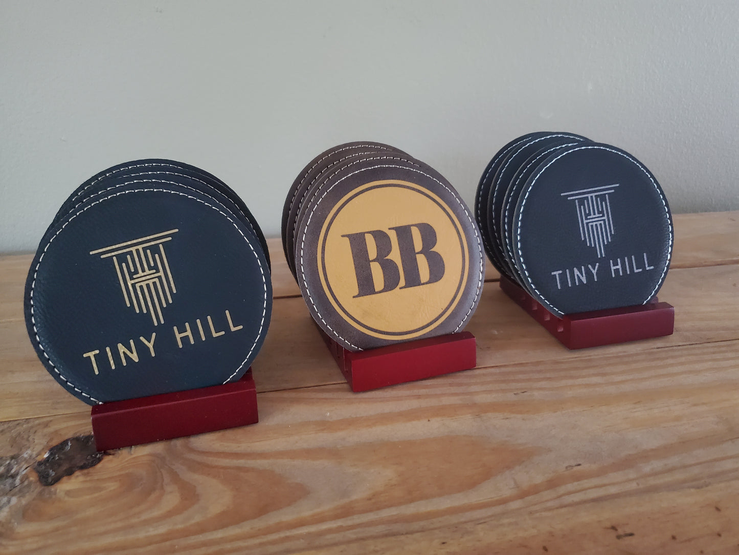 Set of 4 Custom Logo Engraved / Etched Leatherette Coasters with Rosewood Coaster Holder