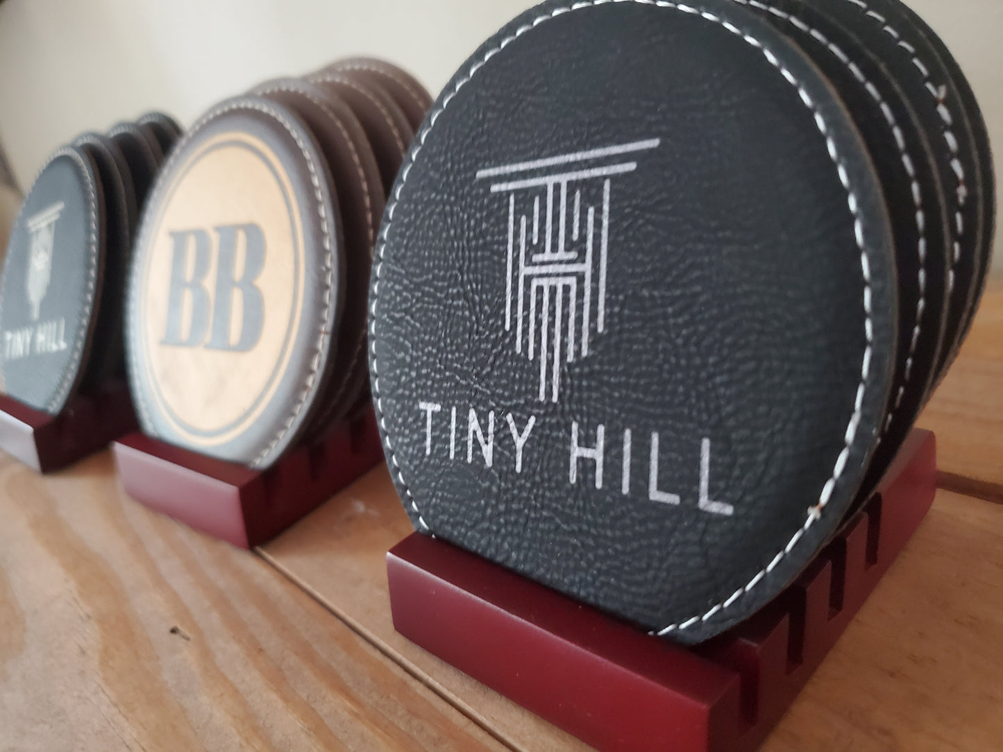 Set of 4 Custom Logo Engraved / Etched Leatherette Coasters with Rosewood Coaster Holder