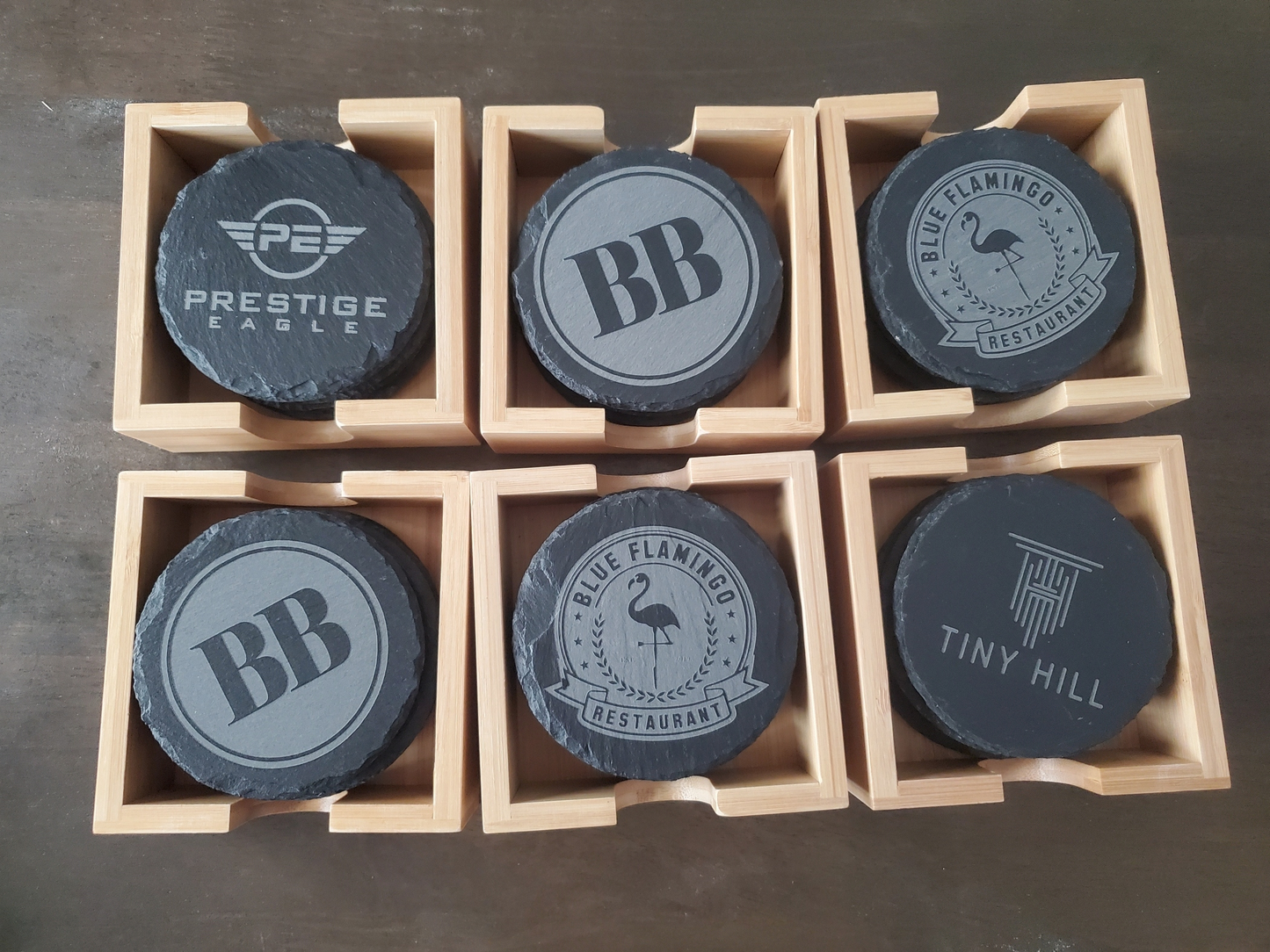 Set of 4 Custom Logo Engraved Slate Coasters with Bamboo Coaster Holder
