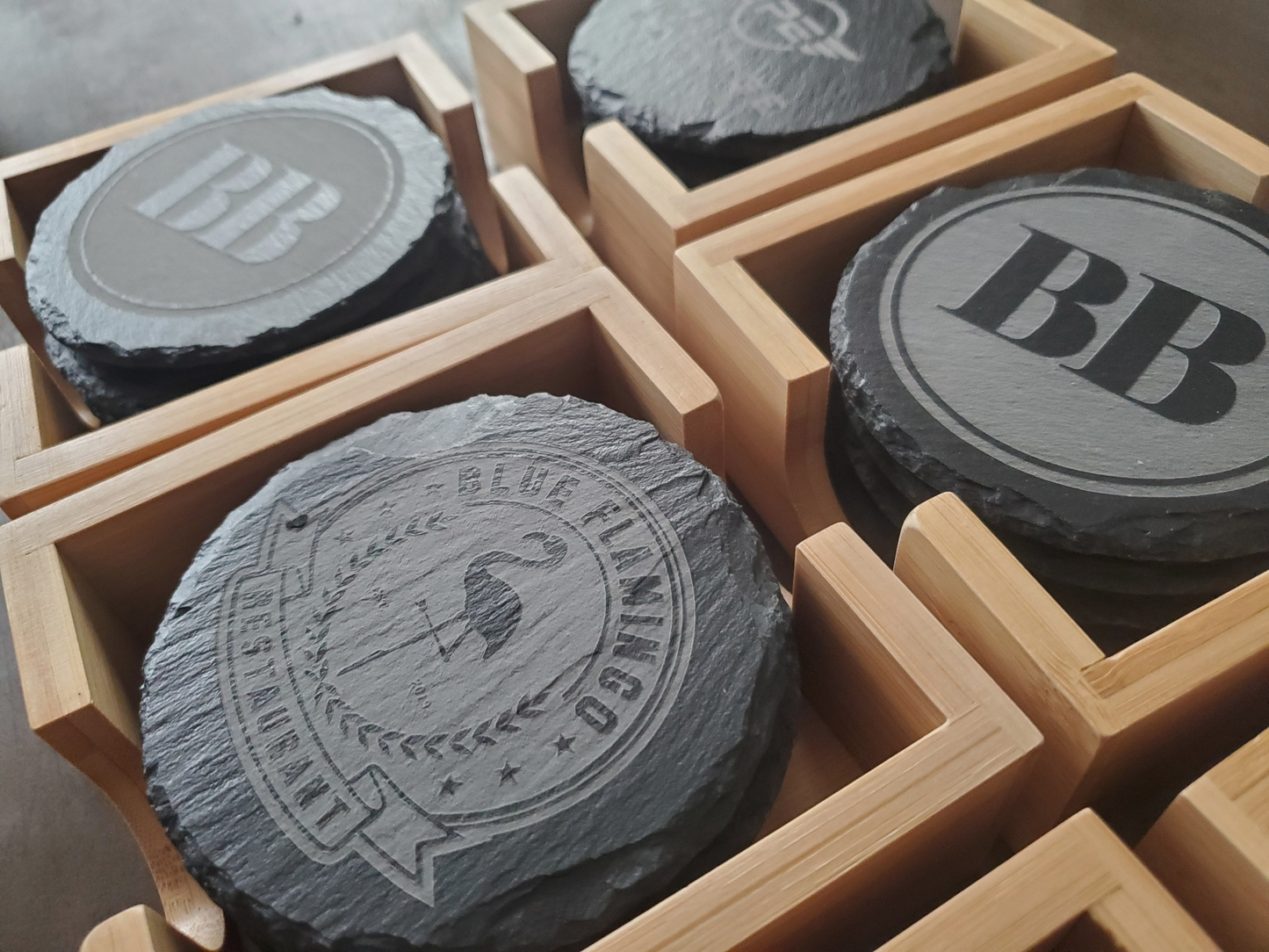 Set of 4 Custom Logo Engraved Slate Coasters with Bamboo Coaster Holder
