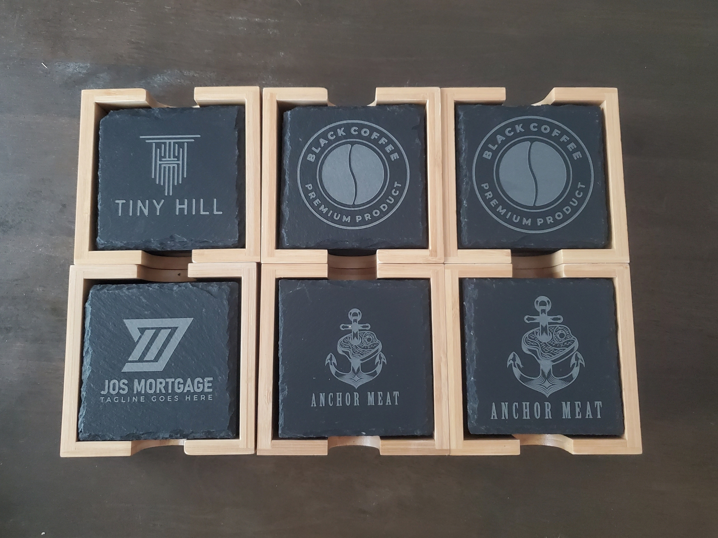 Set of 4 Custom Logo Engraved Slate Coasters with Bamboo Coaster Holder