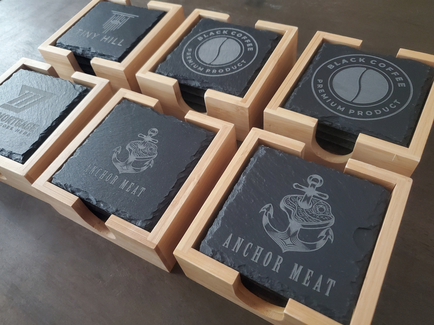Set of 4 Custom Logo Engraved Slate Coasters with Bamboo Coaster Holder