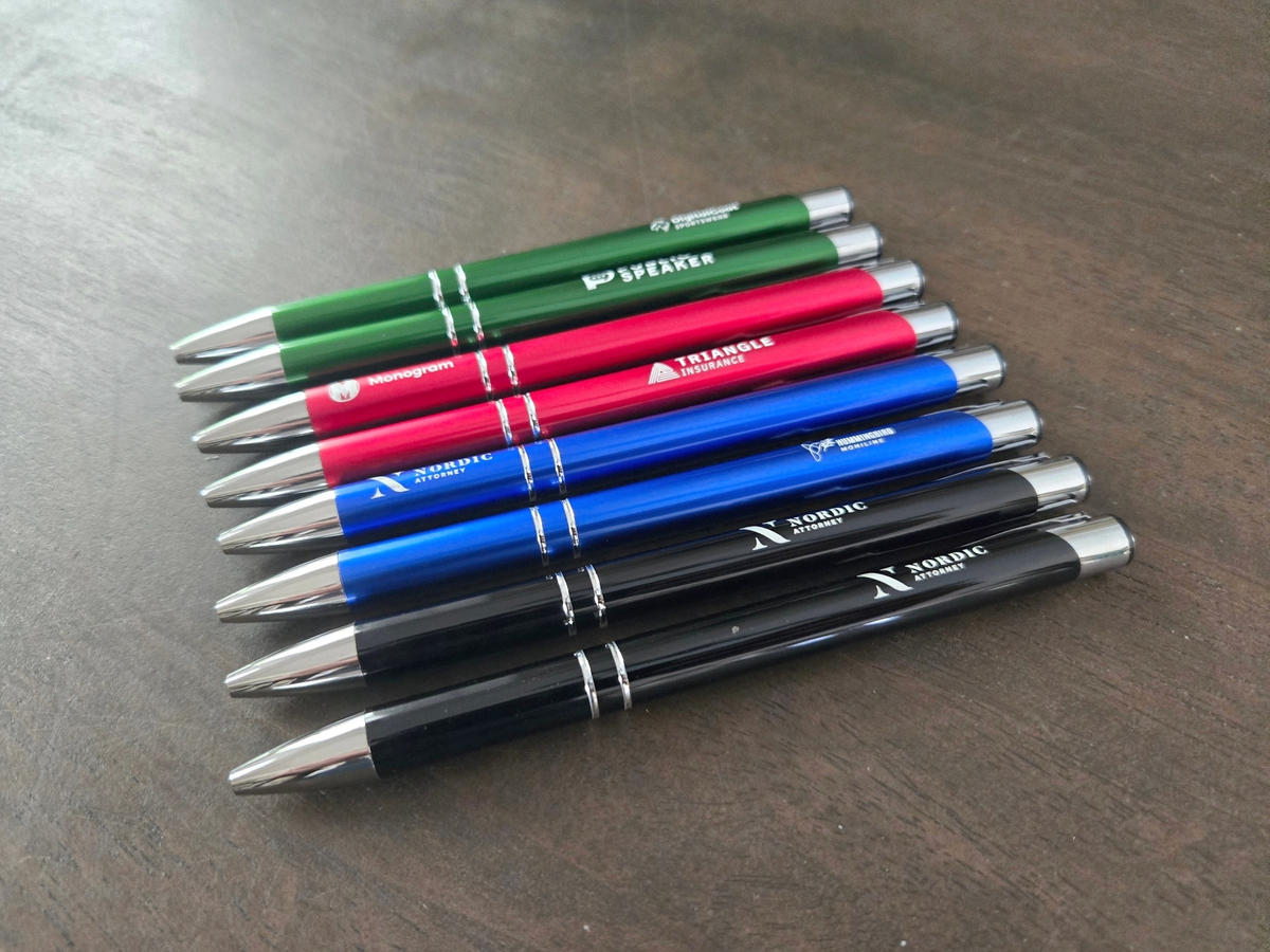 Custom Logo or Text Engraved / Etched Slim Metal Pens (Black Ink)