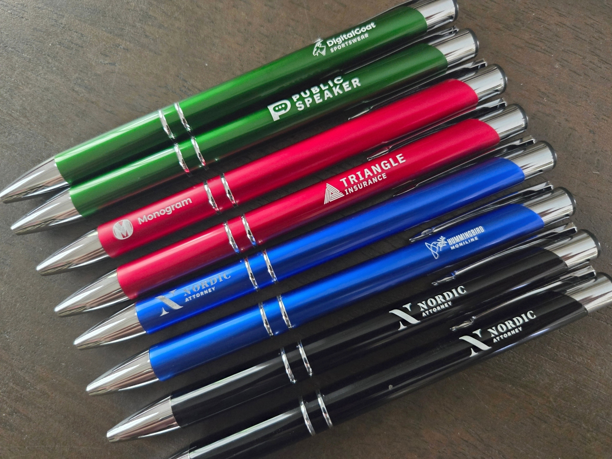 Custom Logo or Text Engraved / Etched Slim Metal Pens (Black Ink)