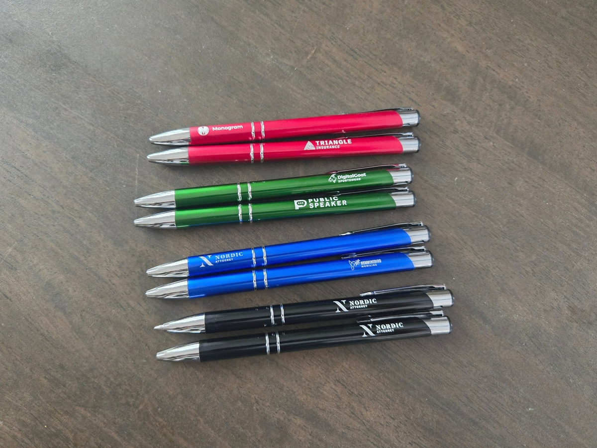 Custom Logo or Text Engraved / Etched Slim Metal Pens (Black Ink)