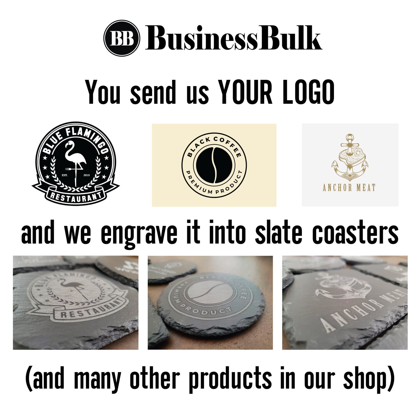 Set of 4 Custom Logo Engraved Slate Coasters with Bamboo Coaster Holder