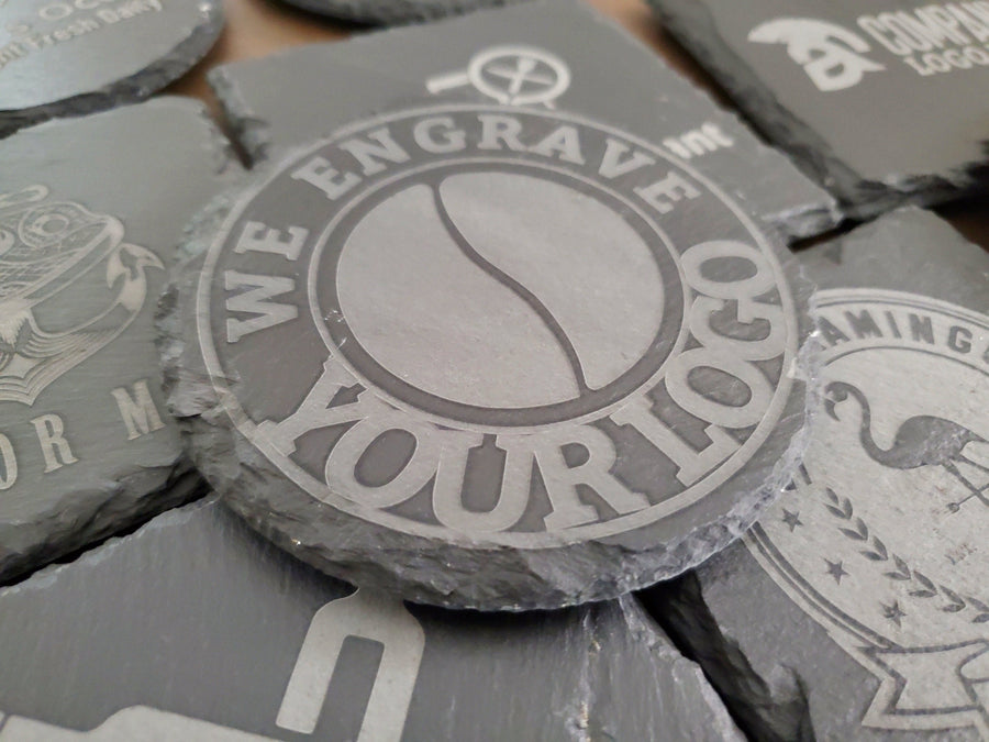 Custom logo engraved slate coasters made by BusinessBulk