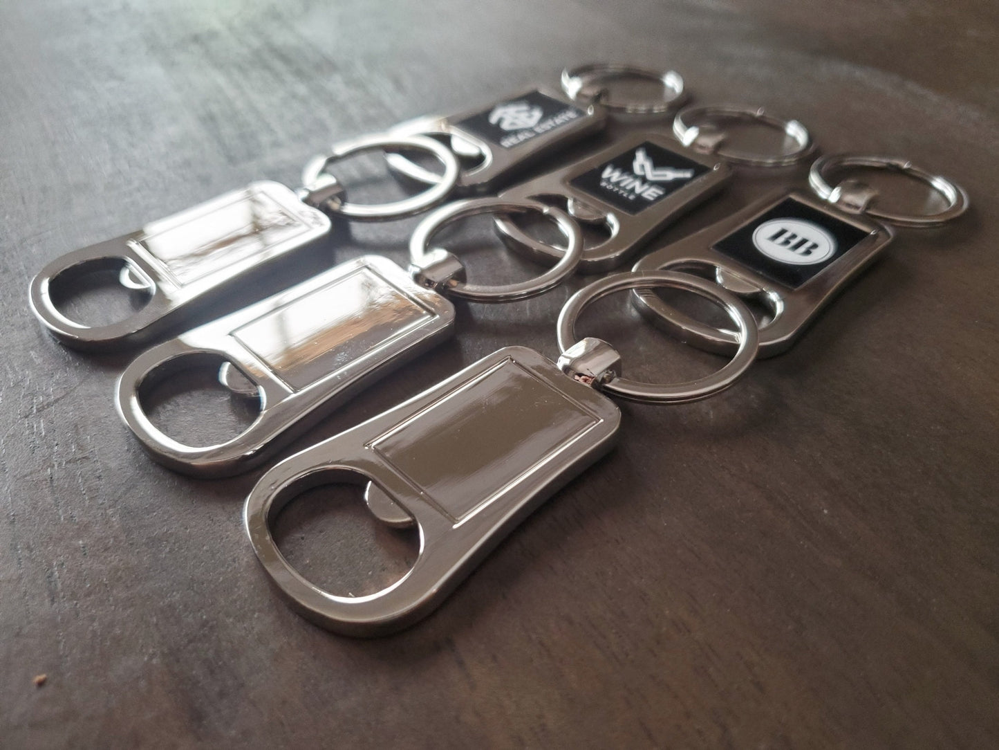 Custom Logo Etched Black and Metal Bottle Opener Keychain