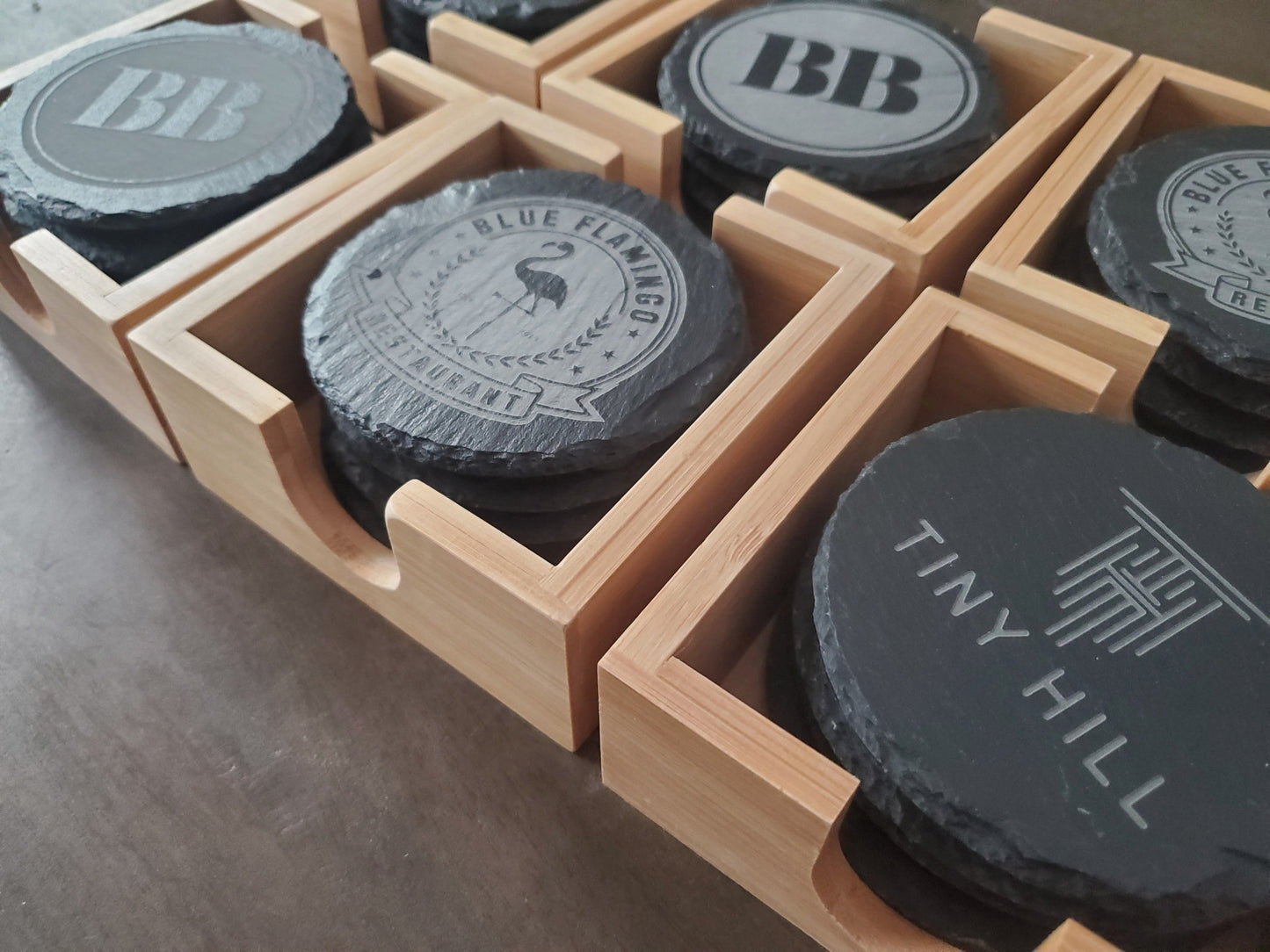 Set of 4 Custom Logo Engraved Slate Coasters with Bamboo Coaster Holder
