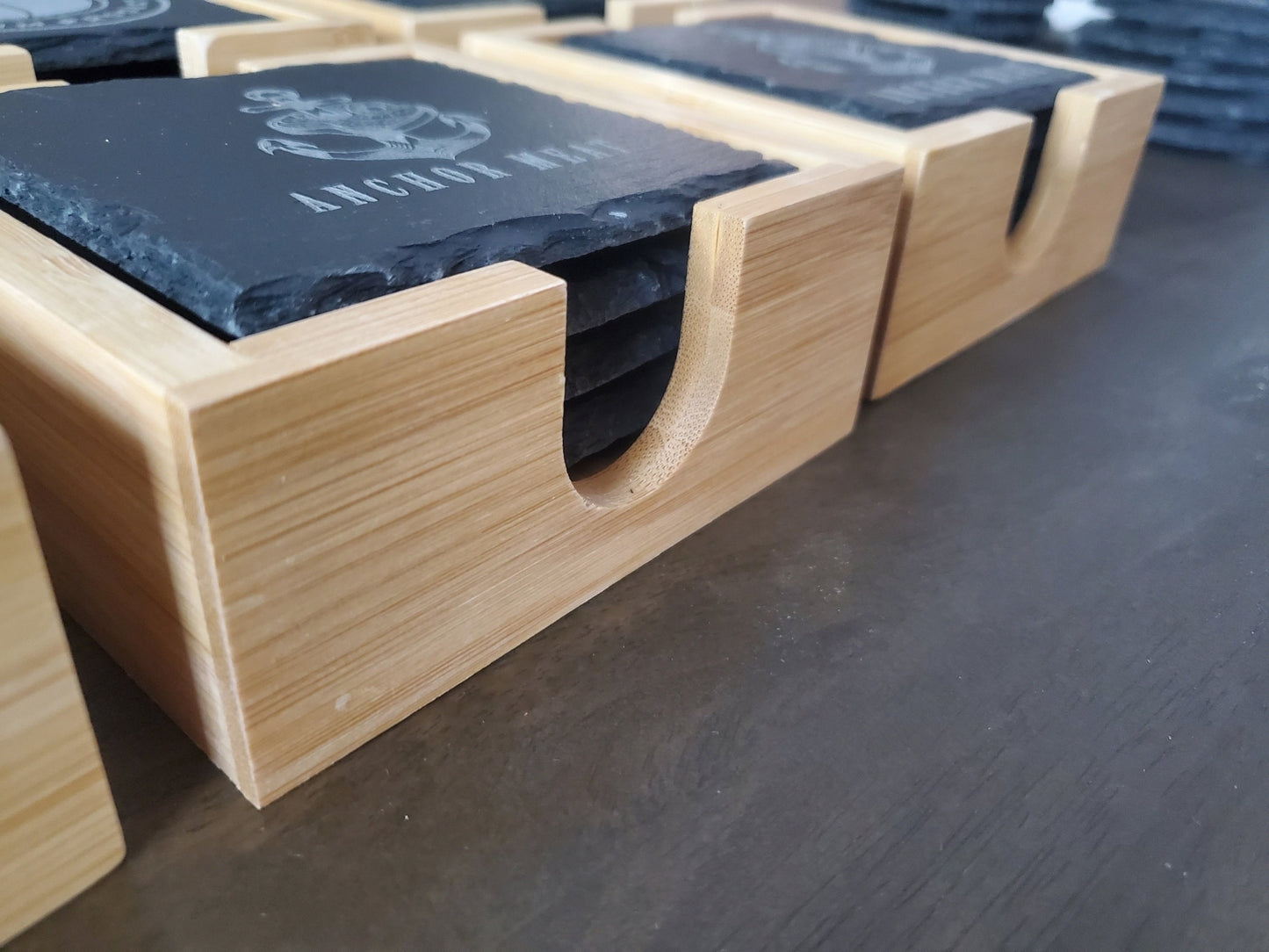 Set of 4 Custom Logo Engraved Slate Coasters with Bamboo Coaster Holder