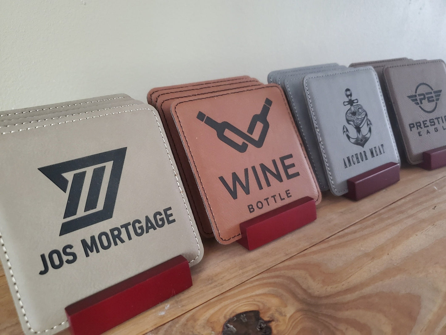 Set of 4 Custom Logo Engraved / Etched Leatherette Coasters with Rosewood Coaster Holder