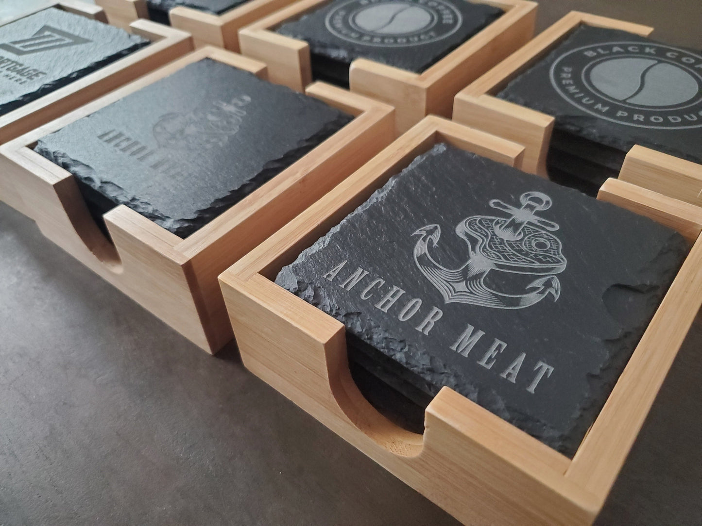 Set of 4 Custom Logo Engraved Slate Coasters with Bamboo Coaster Holder
