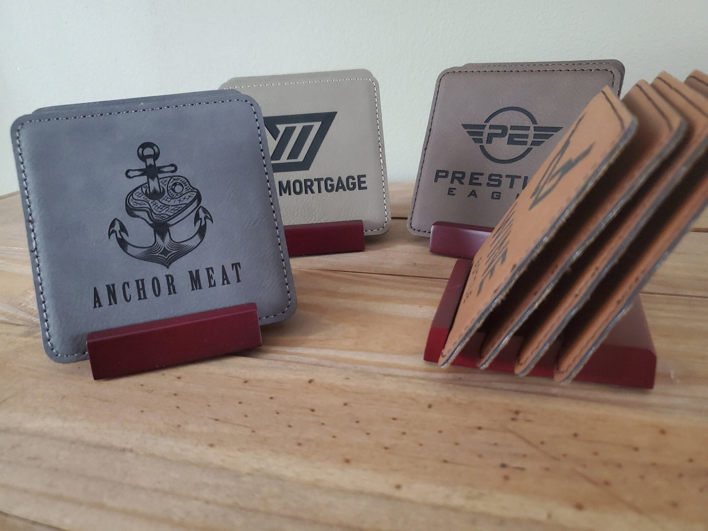 Set of 4 Custom Logo Engraved / Etched Leatherette Coasters with Rosewood Coaster Holder